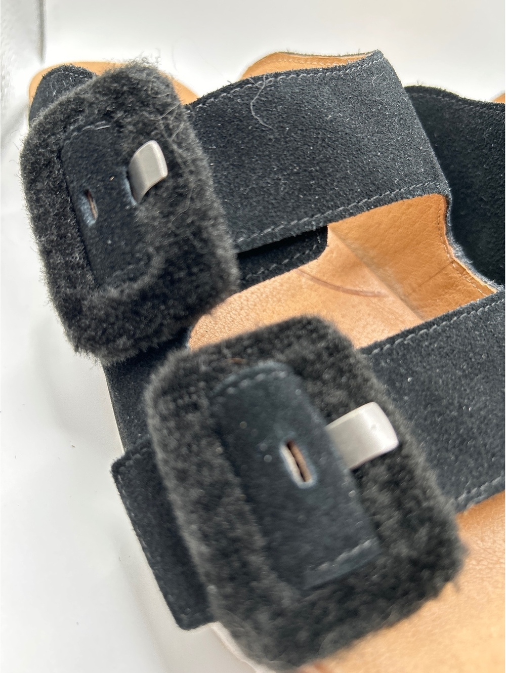 UGG Black Fluff Indio Suede Fuzzy Buckle Slide Sandals Size 9.5 Women VGC - Picture 2 of 7